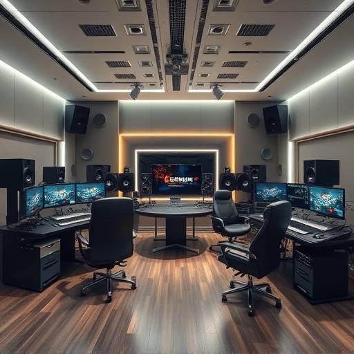 Apex Vision Studios post-production suite with editing workstations and professional audio equipment.