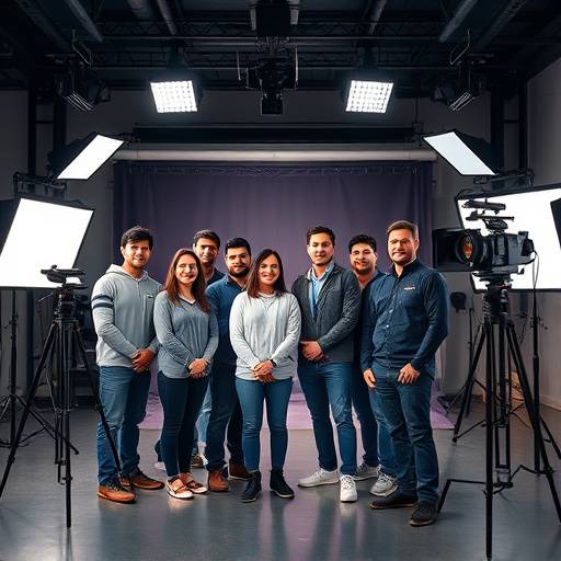 Group photo of the Apex Vision Studios team, standing in front of video production equipment.