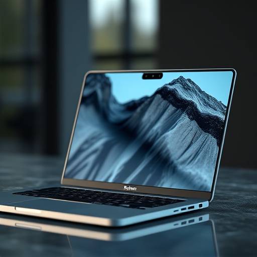 Image from a product video for 'Rainier Tech', showcasing a new laptop with detailed shots of its features.