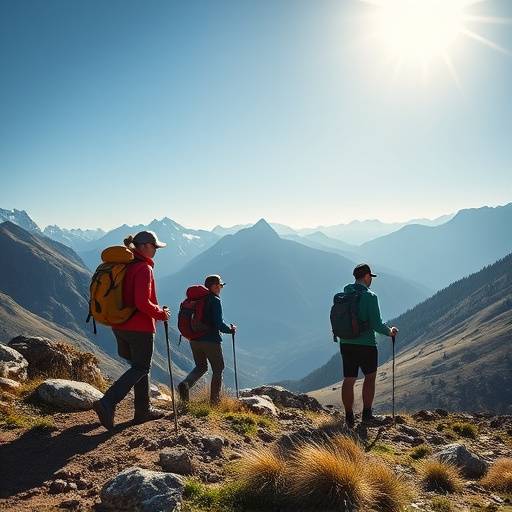 Image from a promotional video highlighting the 'Evergreen Adventures' new line of outdoor gear, showcasing hikers in a mountain landscape.