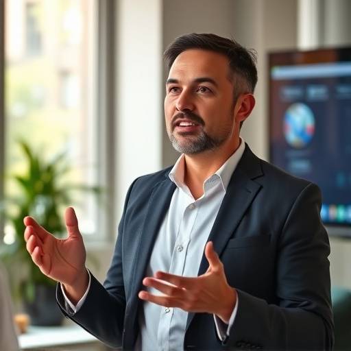 Screen capture from a corporate training video, featuring a presenter explaining new software features.