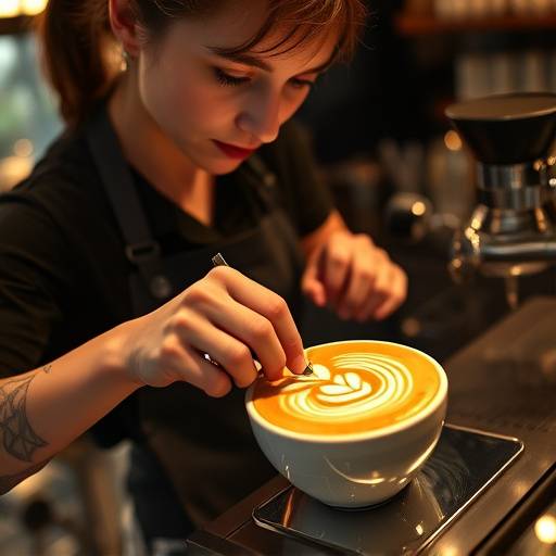 Still from a commercial video for a local coffee shop, showing a barista making latte art.